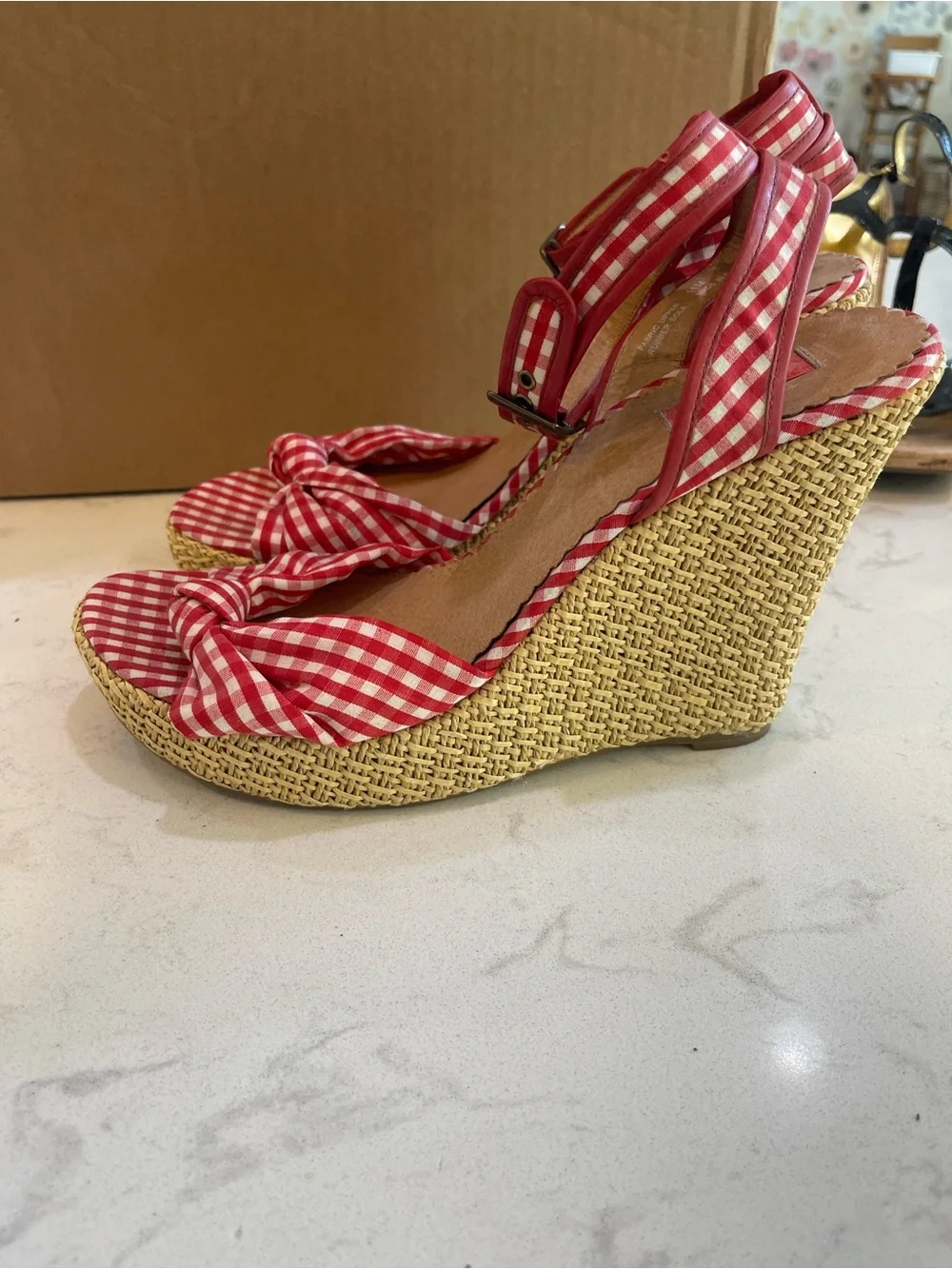 Red Gingham Ankle-Strap Wedge Sandals with Knot Accent